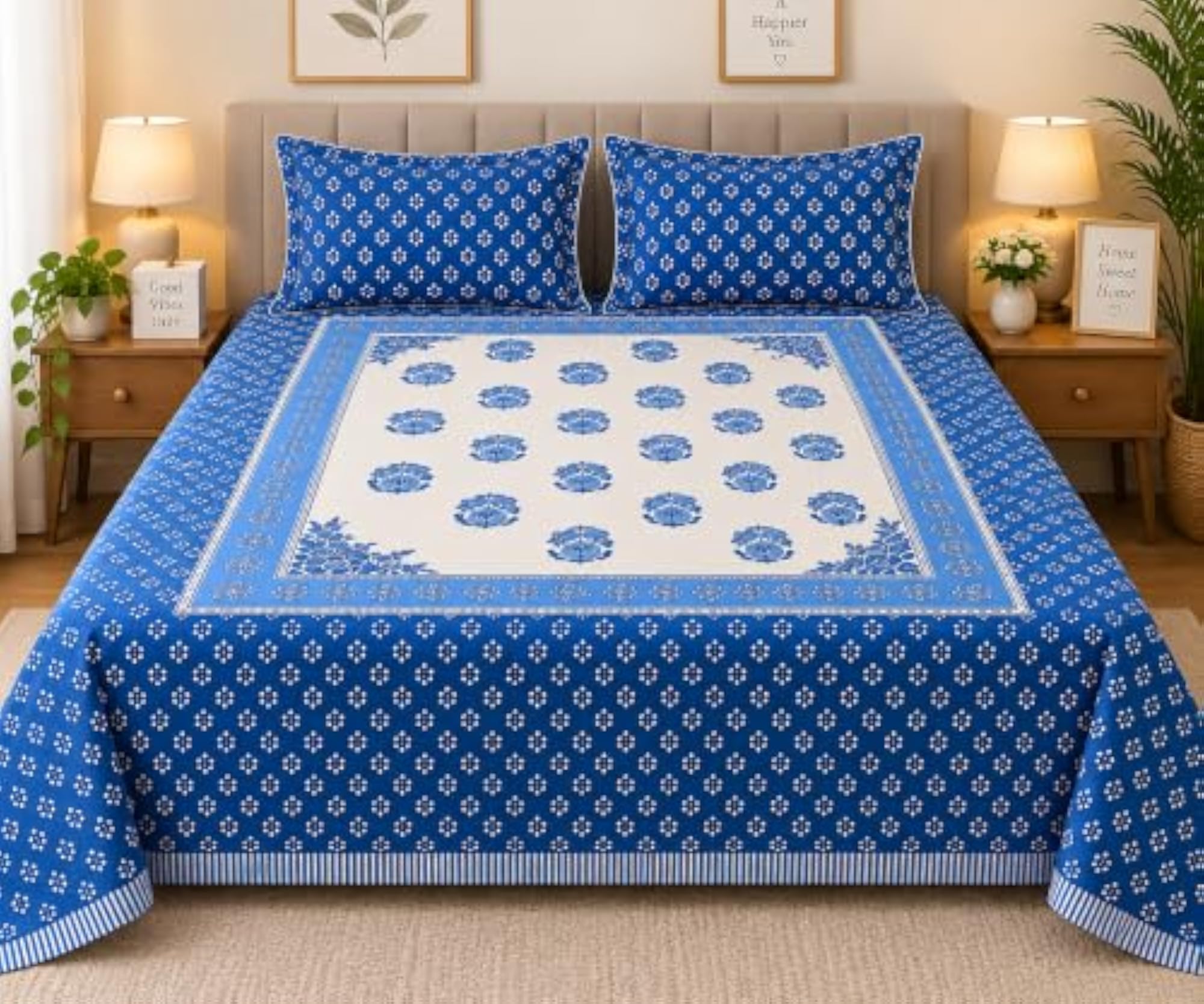Blue Printed Double Bedsheet with 2 Pillow Covers, Floral Pattern